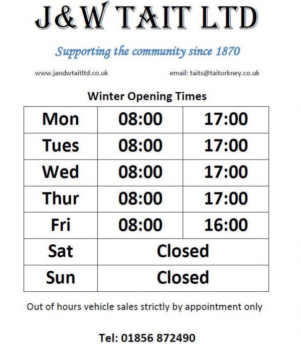 New winter opening times for the parts department as of 1st Nov 2016