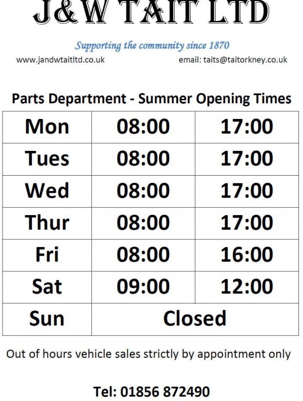 Parts Department Summer Opening